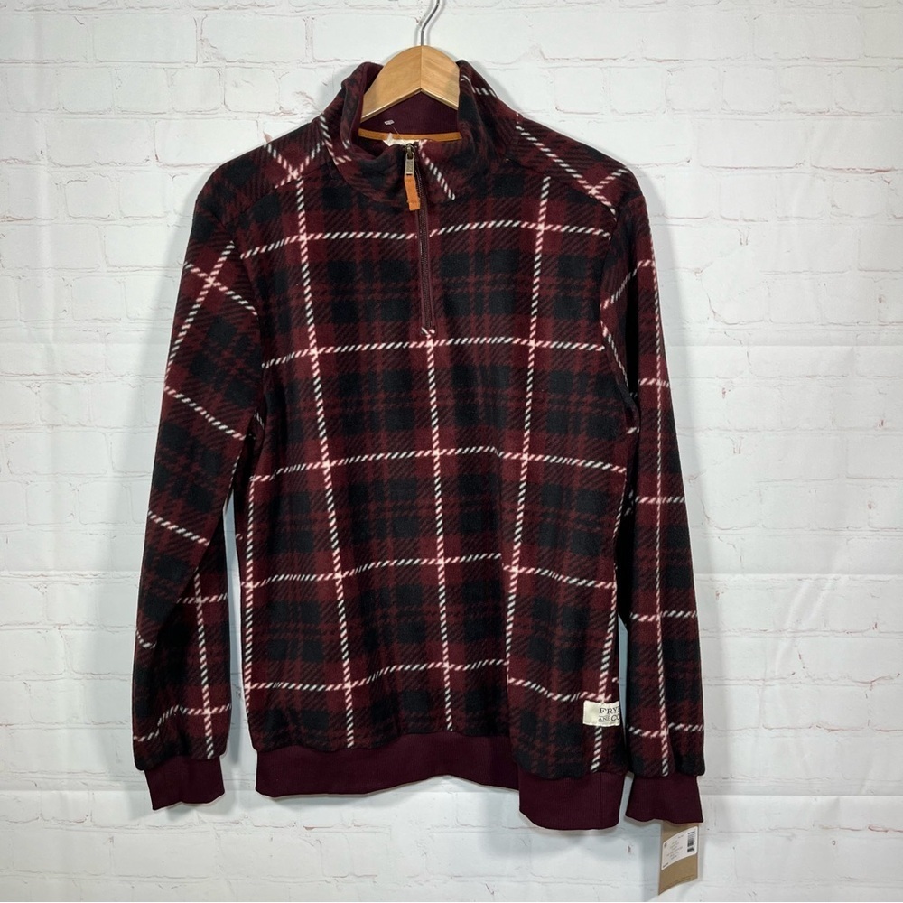 New Frye and Co. Oxblood Plaid 1/4 Zip Sweater Mens Size Medium Maroon Fleece